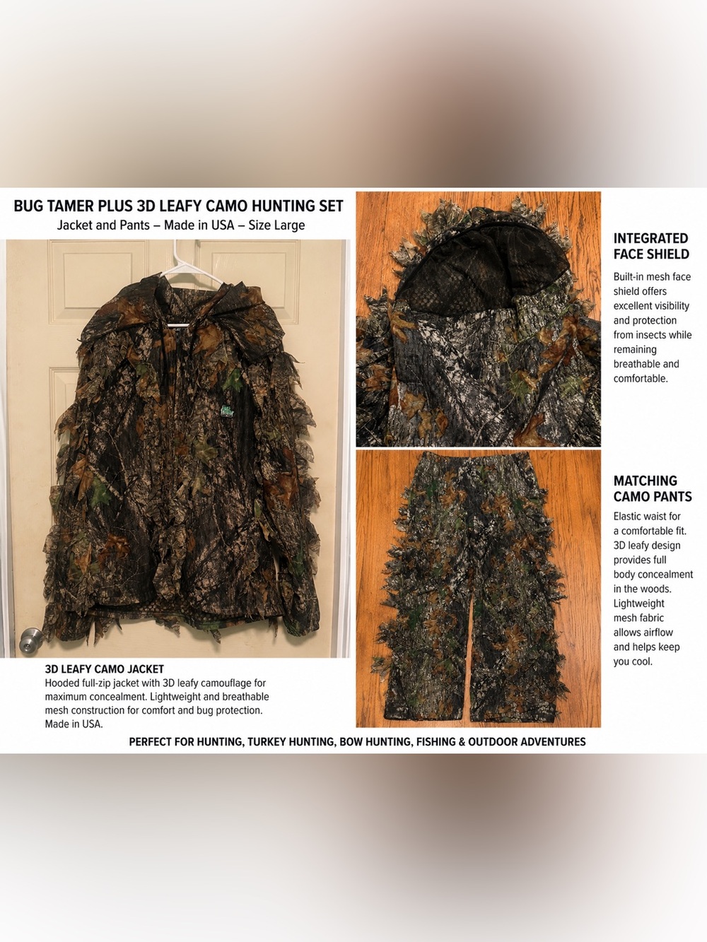 3D Leafy Camo Hunting Ghillie Set - Jacket, Face Shield & Pants Bug Tamer